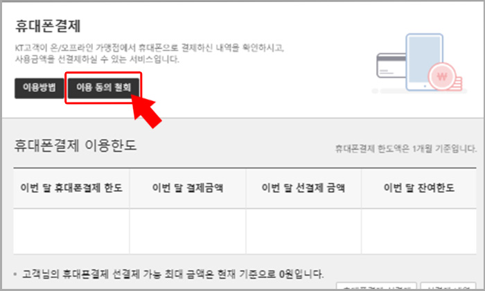 휴대폰결제 내역 이용 동의 철회 버튼