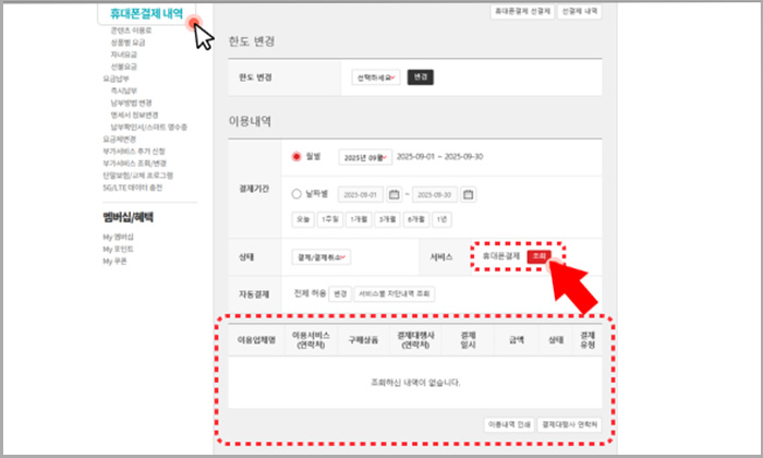 KT닷컴 홈페이지 휴대폰 결제 내역