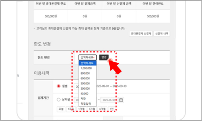 휴대폰결제 내역 페이지 한도 변경 버튼