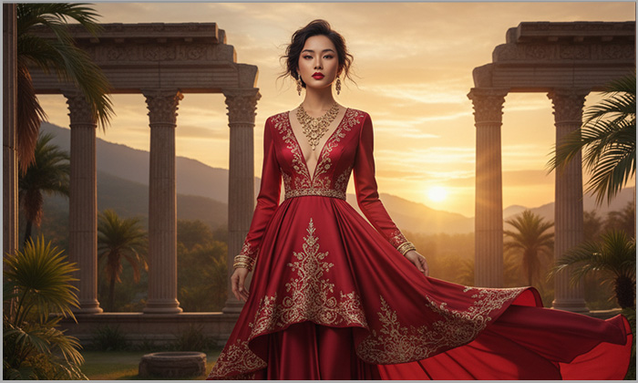 나노 바나나 제작한 빨간드레스를 입은 여성 이미지